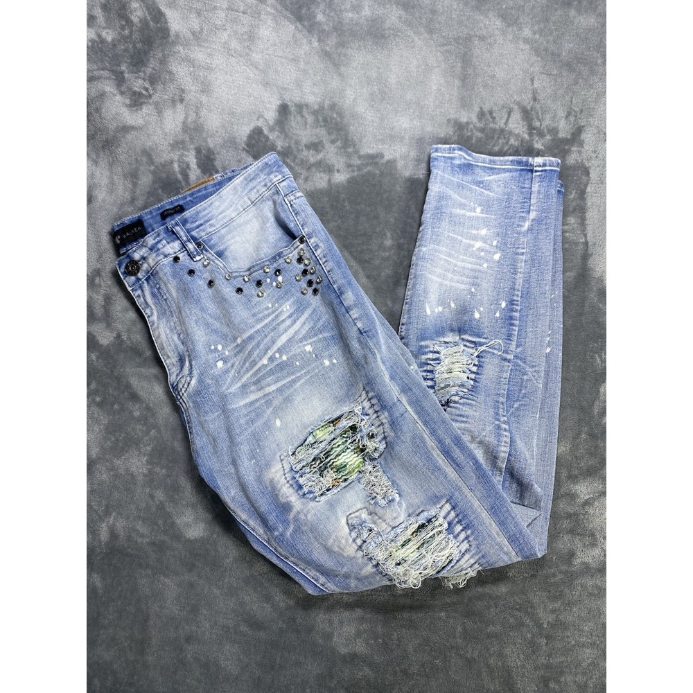 Waimea Jeans Mens 36x30 Patchwork Skinny Fit Patched Studs Grunge Street Denim - Picture 2 of 8